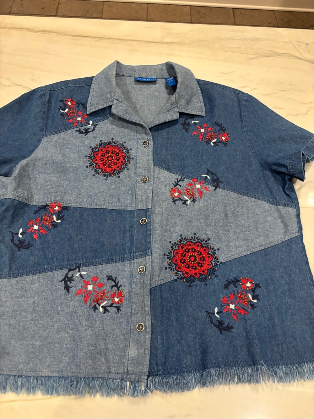 Karen ScottEmbroidered Two-Tone Denim Shirt - Blue with Red Floral Accents